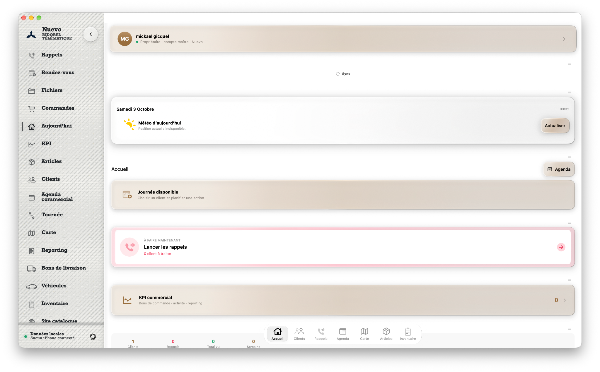 Nuevo sur Mac : écran Aujourd’hui avec agenda, rappels, KPI commercial et navigation vers les clients, commandes, articles et inventaire.