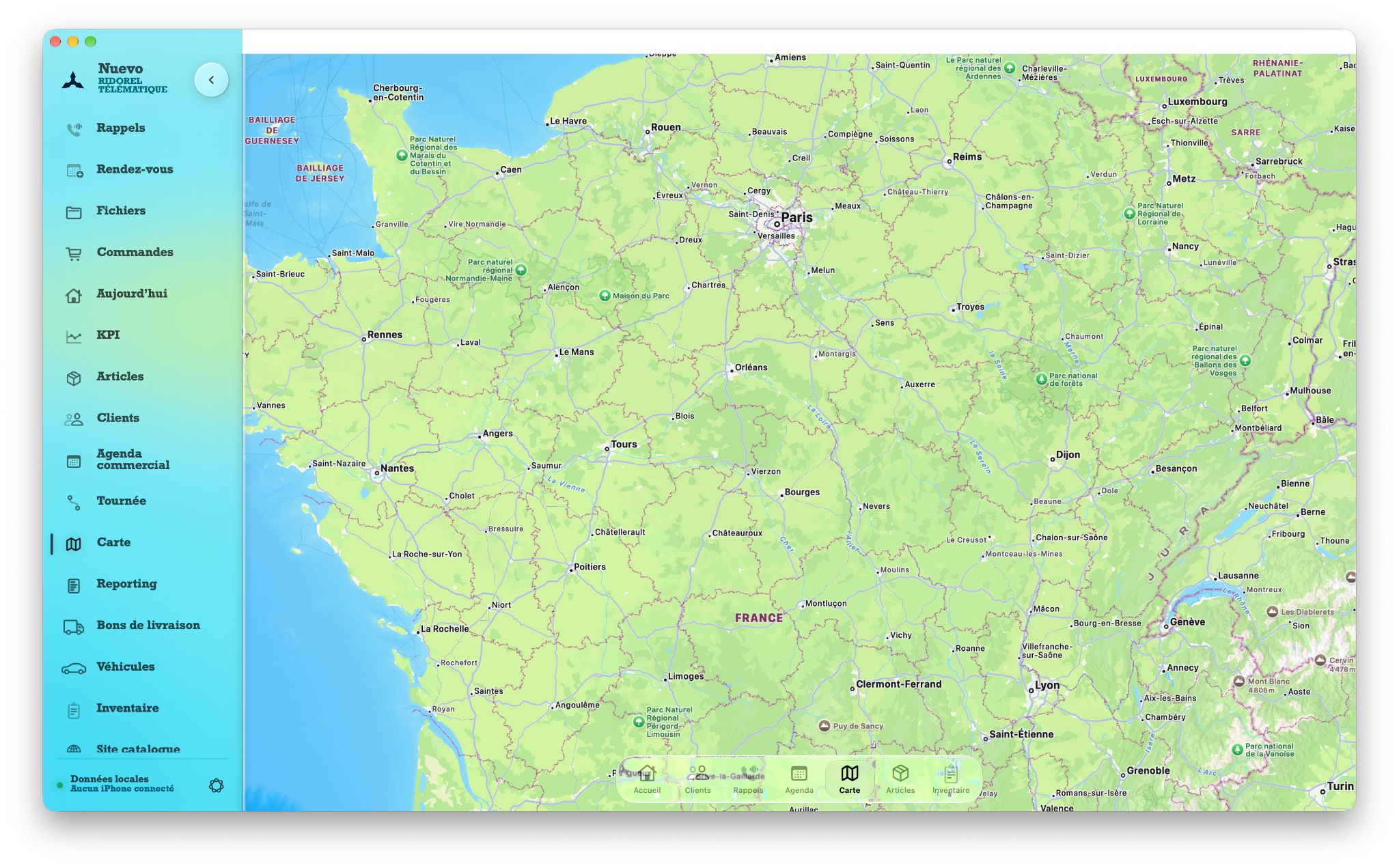 Nuevo sur Mac : carte de France avec barre latérale clients, agenda commercial, tournée, commandes et inventaire.